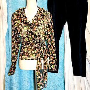 Lauren Ralph Lauren Petites Shear Floral Ruffled Wrap Blouse Sz SP